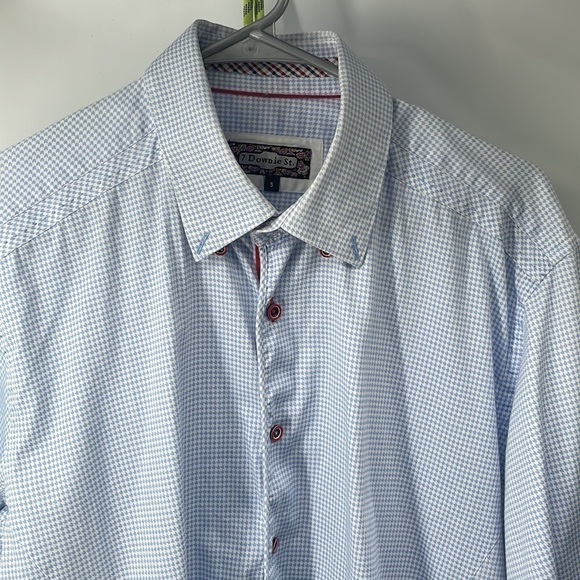 7 Downie St button down shirt houndstooth blue white flip cuff business career L - Picture 5 of 10